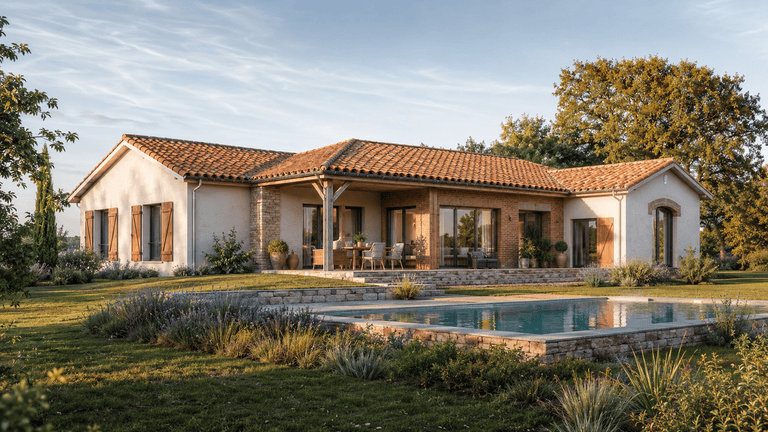 2026 08 26 03 maison B exterieur plain pied 140m2 campagne chic piscine