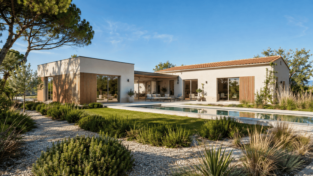 2026 09 01 01 maison A exterieur plain pied 150m2 contemporaine piscine